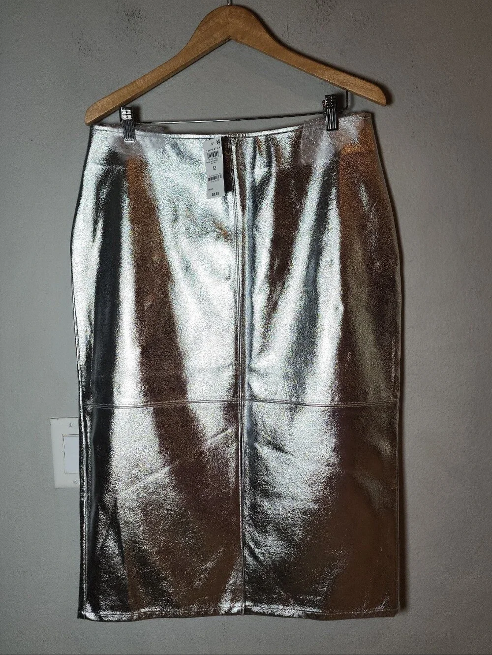 NWT Macy's INC Silver Metallic Faux Leather Front Slit Pencil Midi Skirt Size 12